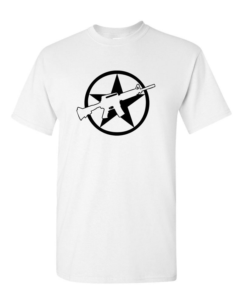 America Gun Tees Star Men's T-Shirt Rifle Flag USA Warrior Military Style Tee - Fivestartees